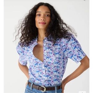 J. Crew Liberty Fabric Short Sleeve Blouse Purple Blue M Cotton Puff sleeve